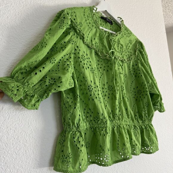 Marc New York Tops - Marc New York 100% Cotton Sz XL Eyelet Boho Fairycore Romantic Blouse Lime Green
